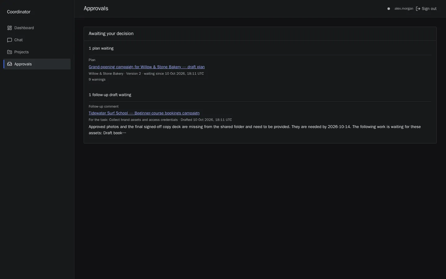Screenshot of the approval inbox, titled Awaiting your decision. It lists one plan waiting, with 9 warnings, and one draft follow-up comment waiting, for a surf school’s bookings campaign.