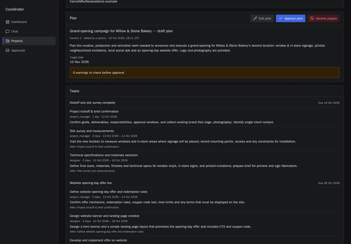The coordinator's plan screen for a demo client, Willow and Stone Bakery. A draft plan for a grand-opening campaign, version 2, edited by a person, with an amber banner reading 9 warnings to check before approval and buttons to edit the plan, approve it or decline the project. Below it, tasks are grouped under milestones with owners, durations and dates.
